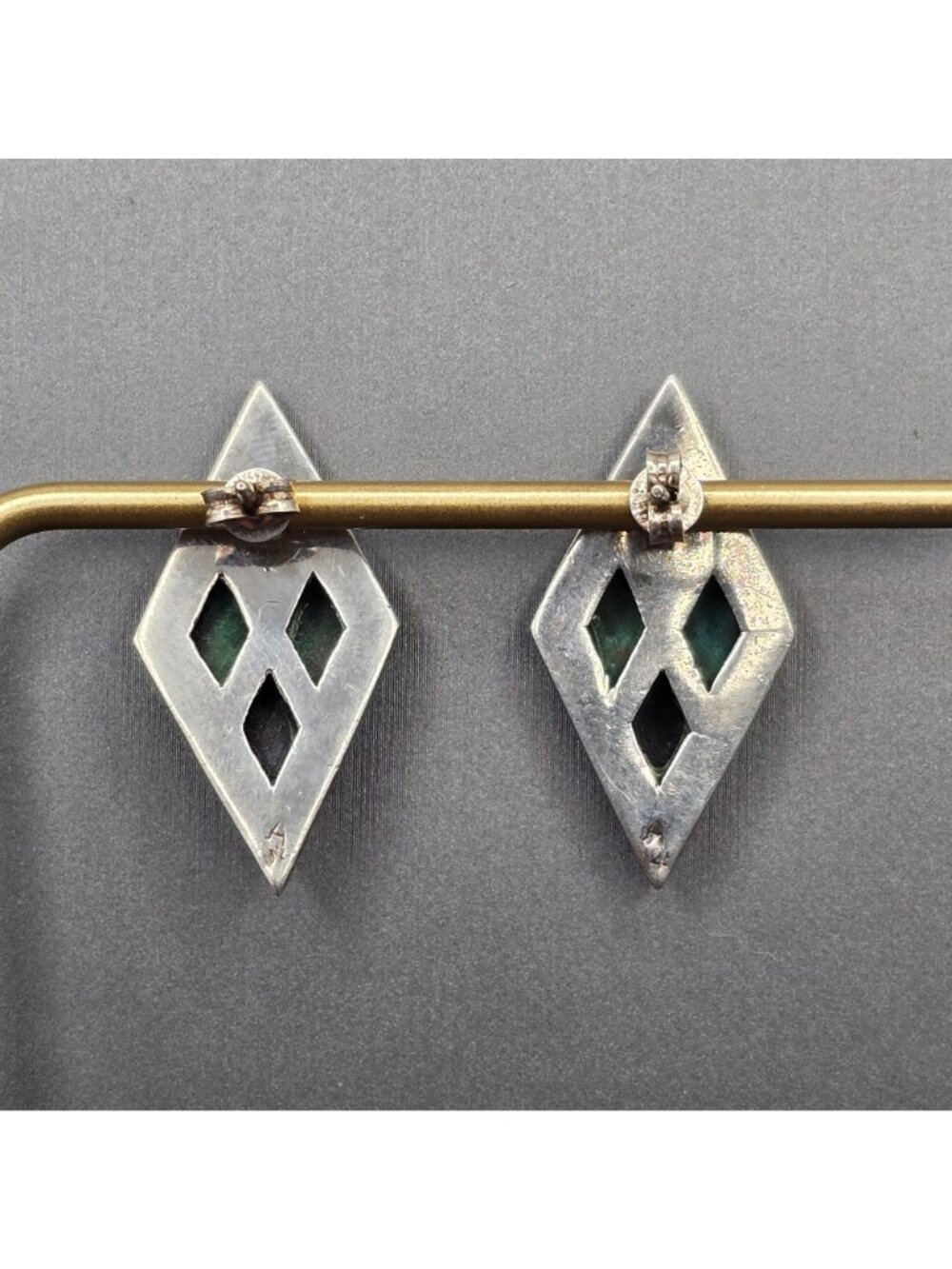 Sterling Silver Malachite Onyx Inlay Earrings Marcasite Border Artisan Signed A - Picture 5 of 12